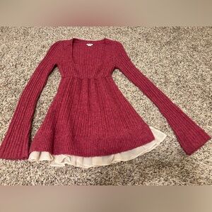 Kimchi Blue Red Babydoll Sweater Dress Shirt with Cream Trim XS